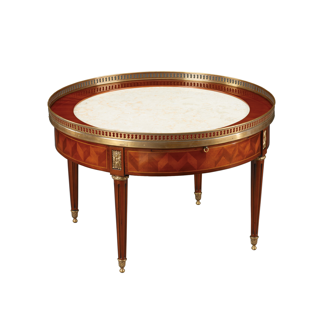Louis XVI Parquetry Round Coffee Table, Cream Marble Top with Leather
